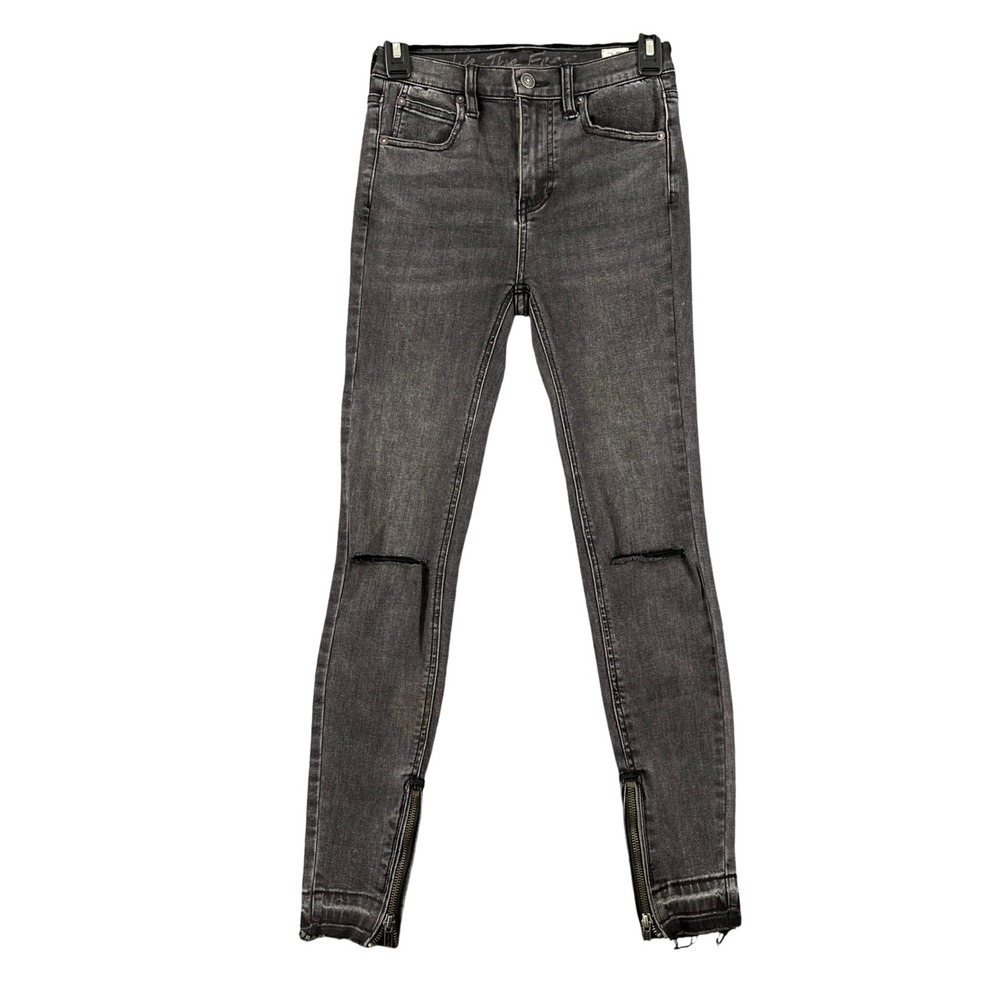 We The Free People Skinny Jeans Women 25 Faded Black Knee Slit Ankle Zip Raw Hem